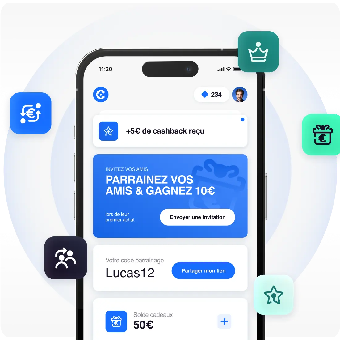 Illustration application mobile Core by Carlo avec parrainage et cashback